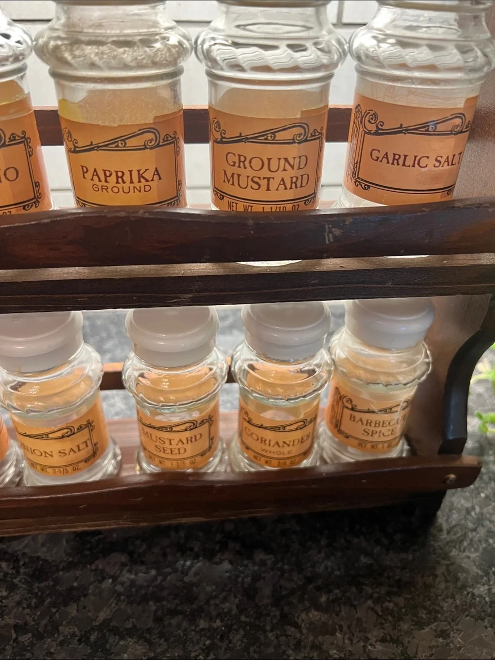 WHAT A FIND!  Vintage Wooden 3-Tier Spice Rack 24 white -Lidded Glass Jars -